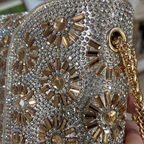Neiman Marcus Rhinestone Plum Blossom Champagne Gold Evening Shoulder Bag